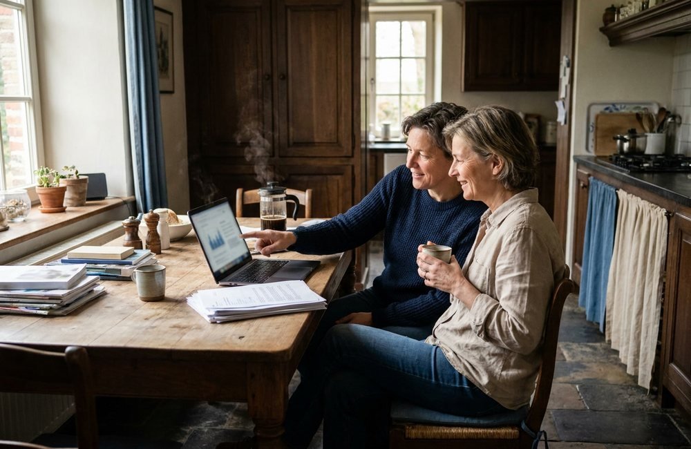 Twee bewoners vergelijken samen offertes aan de keukentafel